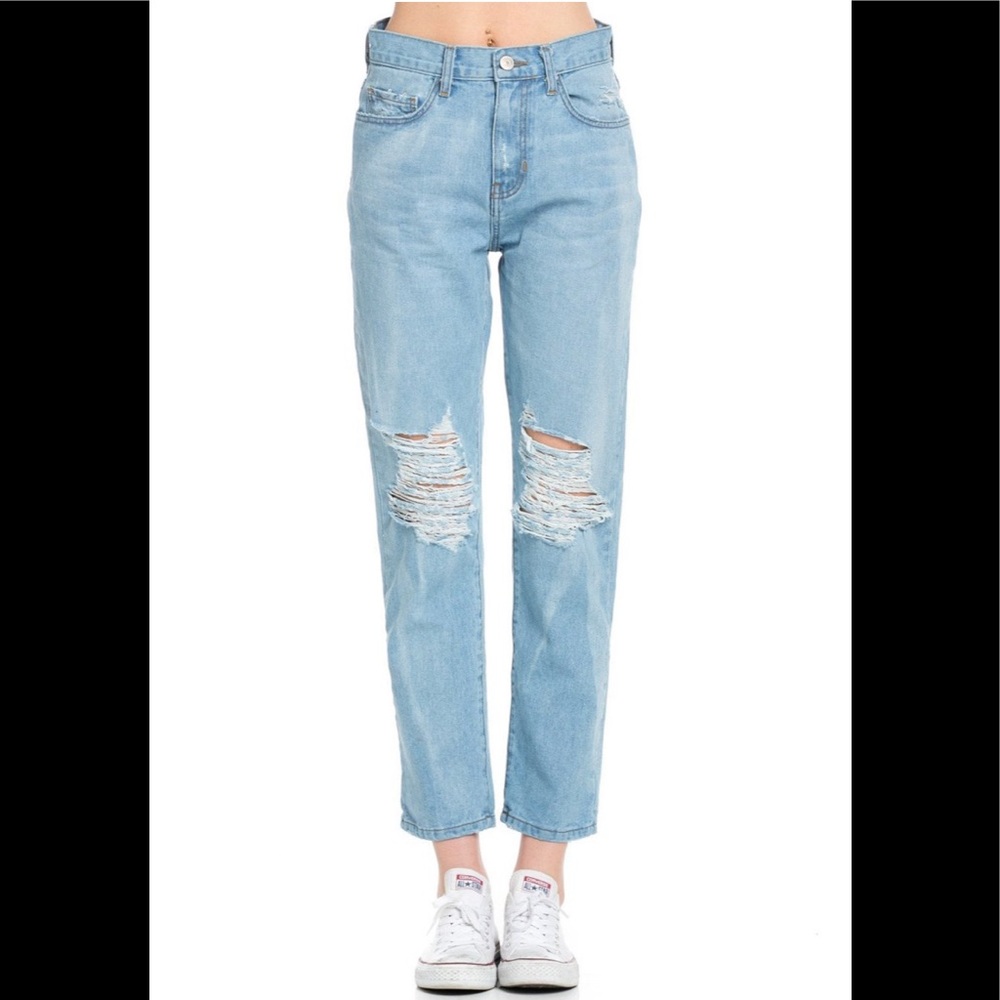 high waisted distressed mom jeans